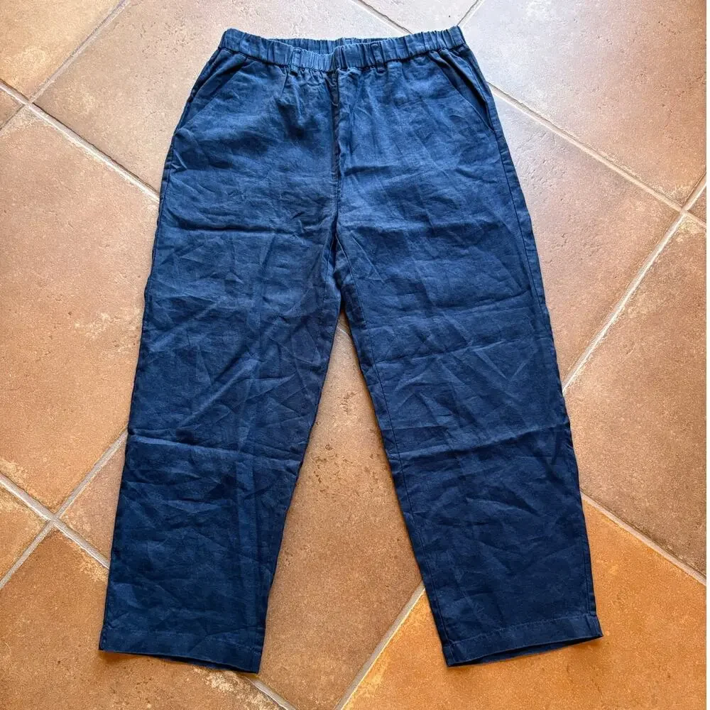 Quince Navy Blue Cropped Linen Pull On Pants Euro Summer Coastal Classic size M